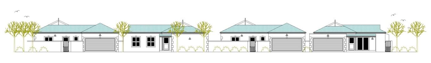 A white building with blue roofs
Description automatically generated